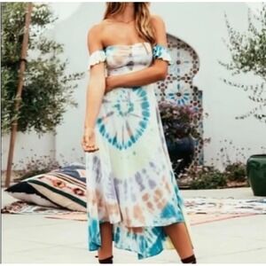 NWT Chaser Tie Dye Ruffle Off-Shoulder Button Front Midi Dress Womens Size Small